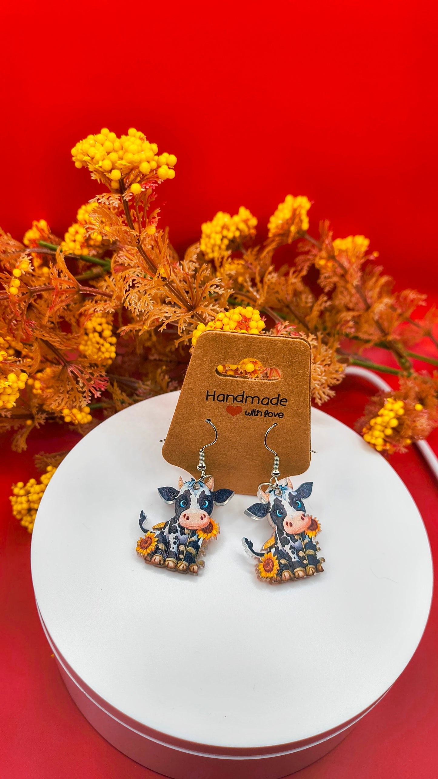 Cute Cow with Sunflower Earrings