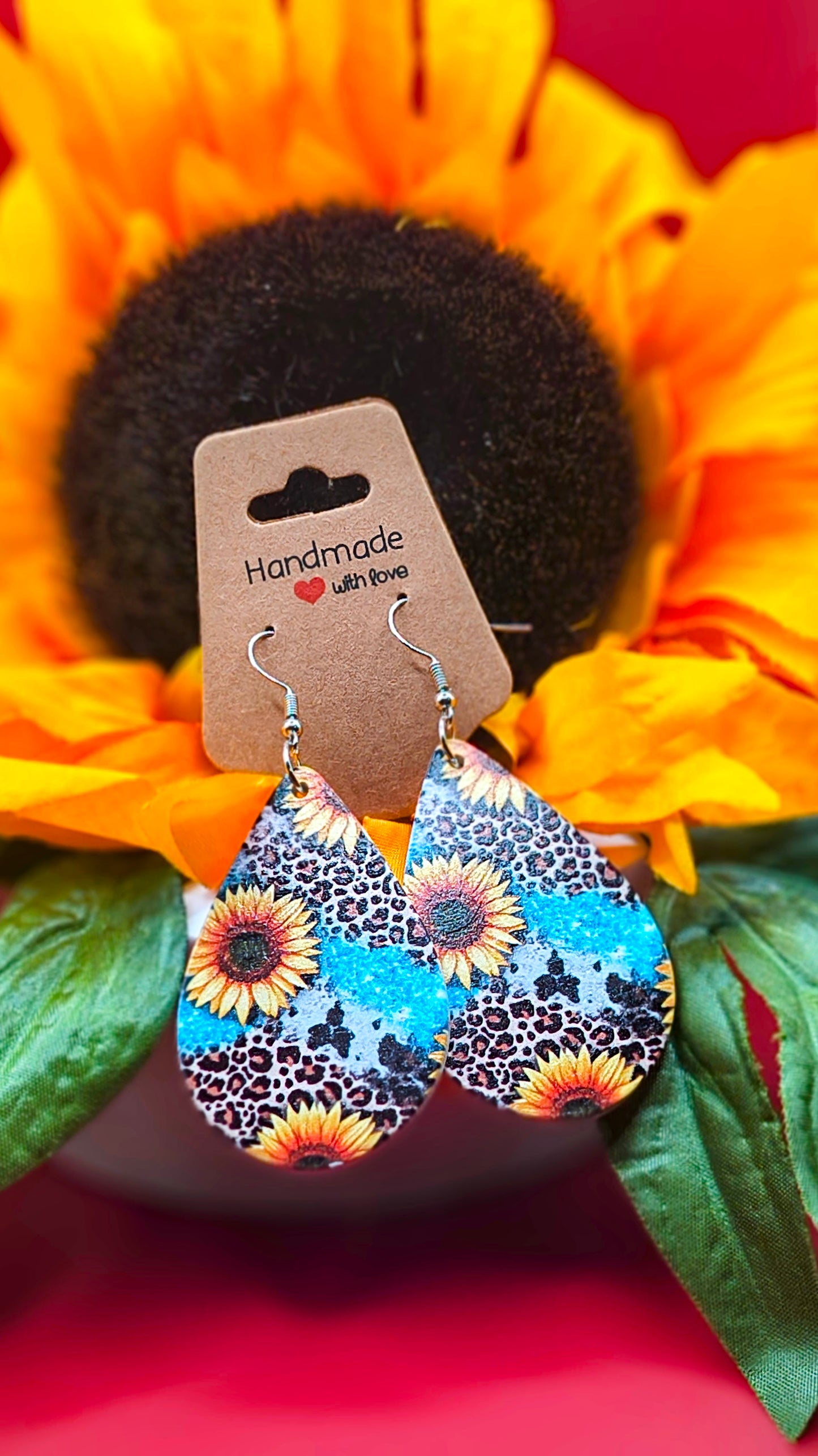 Sunflower and Cheetah Print Teardrop Earrings