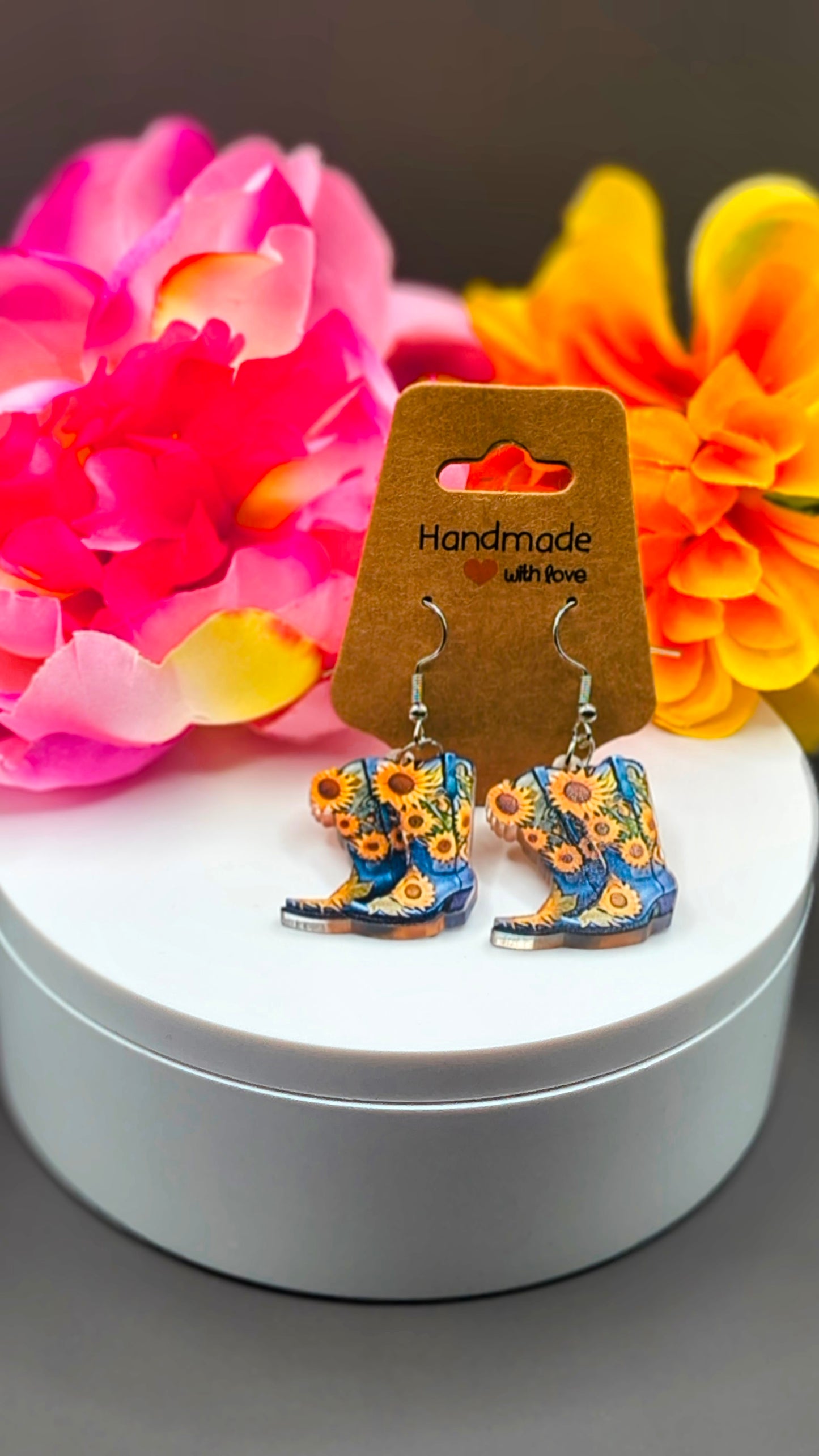 Blue Cowboy Boots and Sunflower Earrings