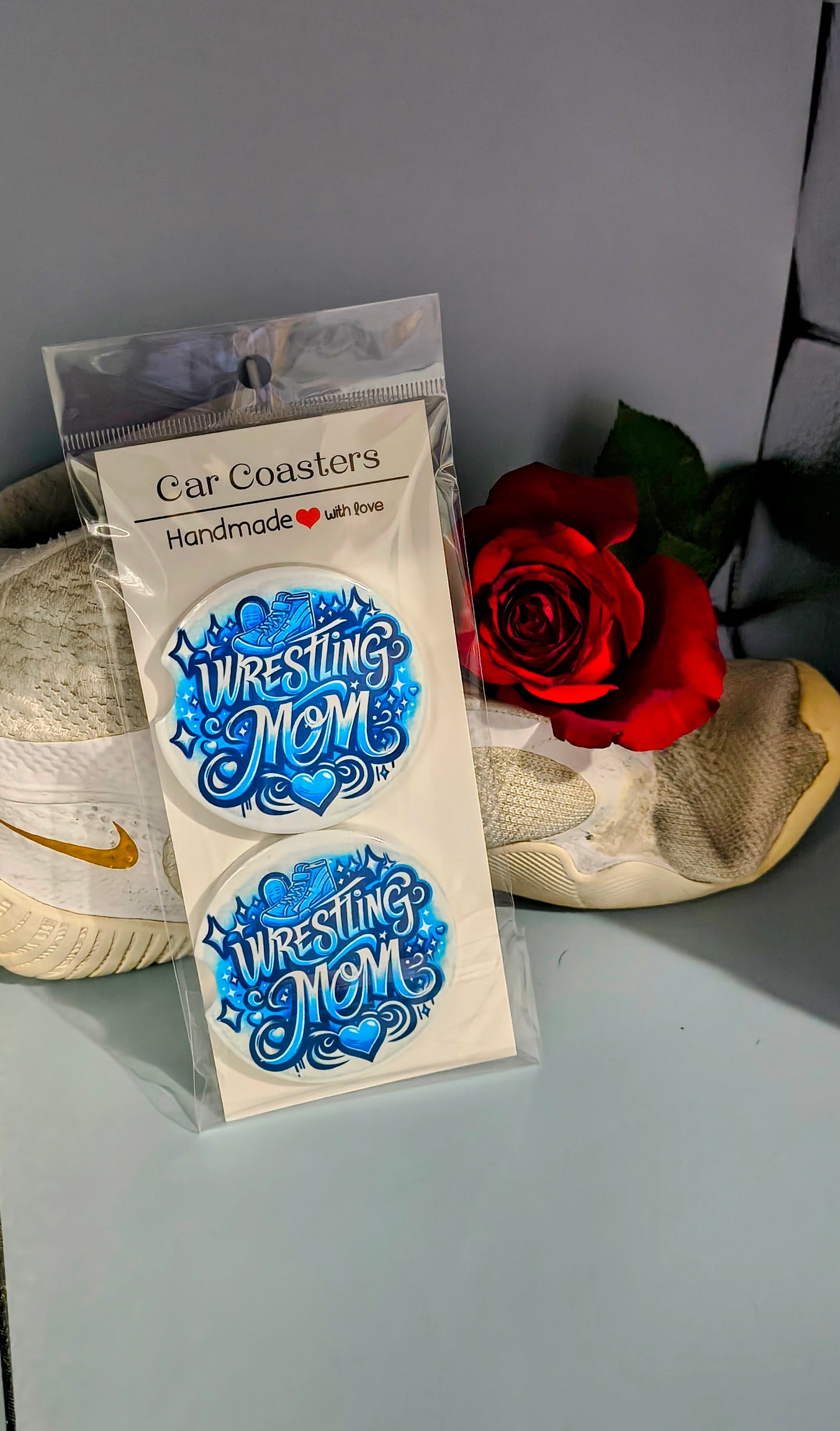 Wrestling Mom Car Coasters - Light Blue