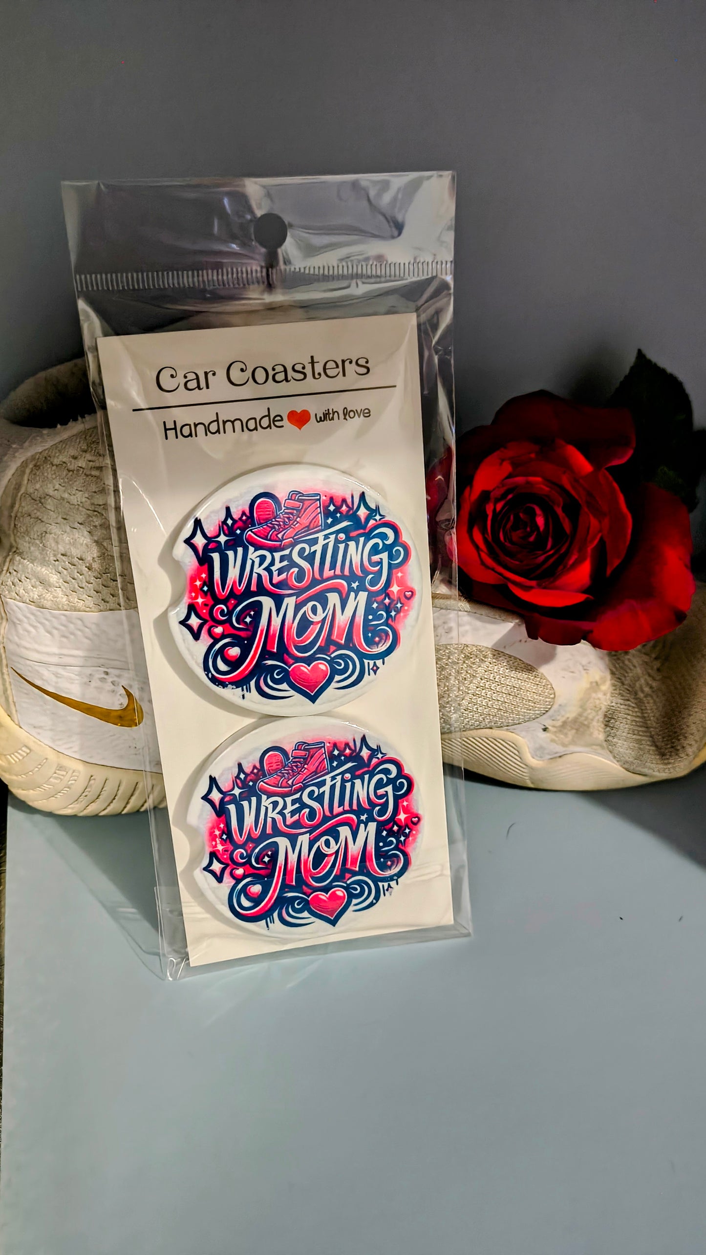 Wrestling Mom Car Coasters - Red