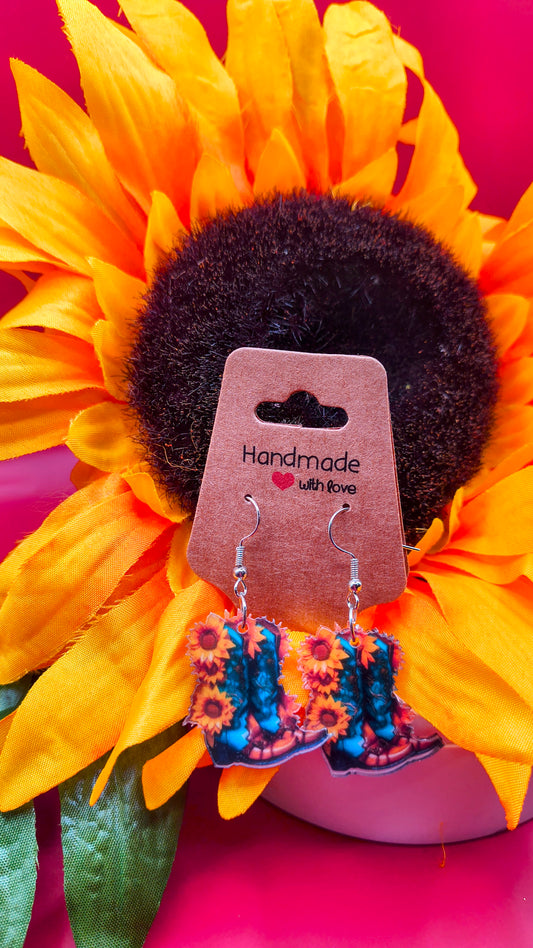 Sunflowers and Blue Cowboy Boots Earrings