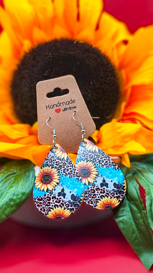 Sunflower and Cheetah Print Teardrop Earrings