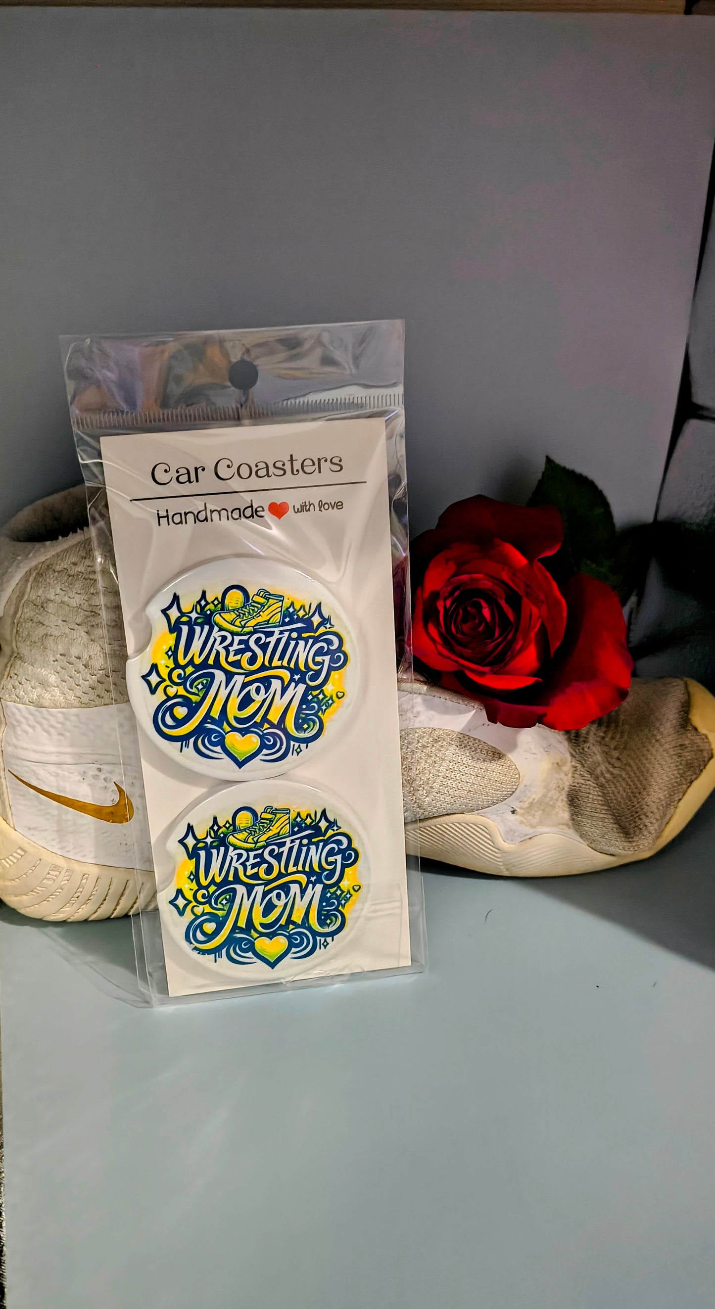 Wrestling Mom Car Coasters - Yellow